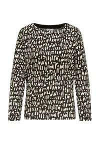 Czarna i kremowa bluzka z długim rękawem, zdobiona abstrakcyjnym wzorem różnych kształtów przypominających pociągnięcia pędzla, z okrągłym dekoltem. Miękka tkanina, luźny krój.