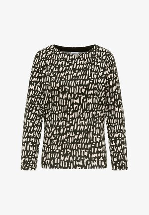 Czarna i kremowa bluzka z długim rękawem, zdobiona abstrakcyjnym wzorem różnych kształtów przypominających pociągnięcia pędzla, z okrągłym dekoltem. Miękka tkanina, luźny krój.