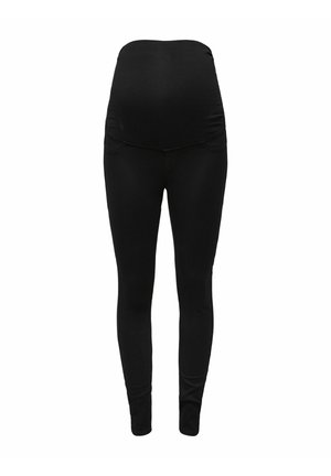 Leggings premaman neri con un'ampia cintura elastica, realizzati in un morbido tessuto elastico, con arricciature laterali per comfort e vestibilità.