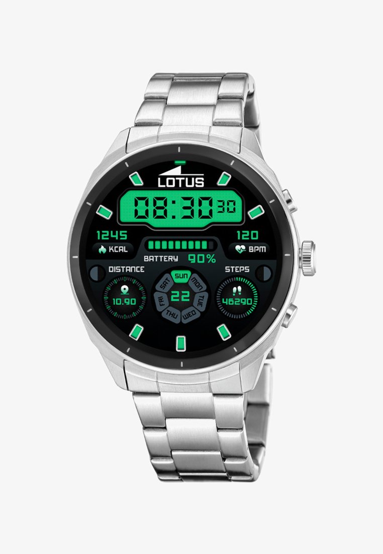 Srebrny smartwatch pokazujący godzinę 08:30, 90% baterii, 1245 kcal, tętno 120 bpm, dystans 10,90 km, 46 290 kroków oraz niedziela 22.