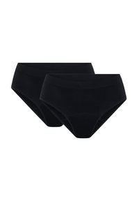 Culottes noires en coton, design taille haute, texture lisse, deux paires présentées, sans motifs visibles ni accessoires.