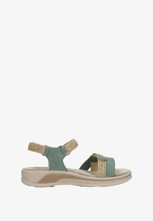 Dames casual sandaal met beige, gevoerde zool, groene leren bandjes en geweven beige stoffen details, voorzien van verstelbare riemen bij enkel en tenen.