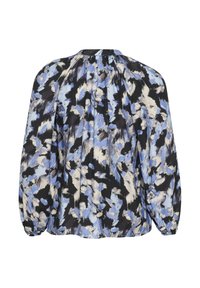 Blouse à manches longues avec un motif abstrait bleu, noir et blanc, dotée d'un dos froncé et de poignets élastiqués. Tissu léger.