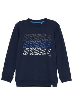 Sudadera azul marino de manga larga con puños y dobladillo acanalados, con "O'NEILL" impreso tres veces en negro, azul y blanco.