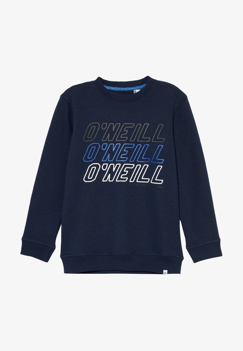 Sweat-shirt bleu marine à manches longues avec poignets et ourlet côtelés, arborant le logo "O'NEILL" imprimé trois fois en noir, bleu et blanc.