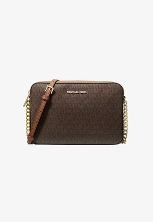 Brown Michael Kors crossbody bag with adjustable leather strap and gold chain detail, featuring textured logo pattern and gold brand name on front.
