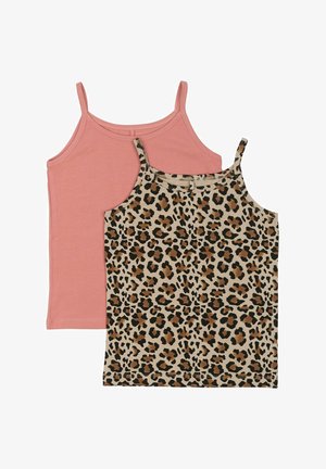 Deux tops camisoles ; l'un rose pâle, l'autre beige avec un imprimé léopard noir et marron. Les deux possèdent des bretelles spaghetti réglables.