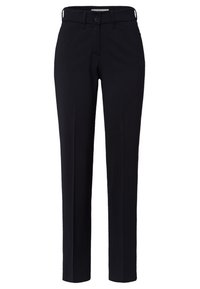 Czarne eleganckie spodnie o prostym kroju z frontowym zapięciem na guzik i zamek, z paskiem, wykonane z gładkiego, usztywnionego materiału.