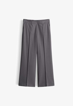 Grijze broek met wijde pijpen en plooien, gemaakt van een gladde stof. Heeft een elastische tailleband en zijzakken. Getailleerd ontwerp.