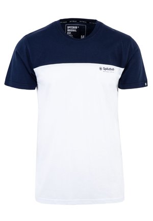 Marineblaues und weißes T-Shirt mit einem einfarbigen Blockdesign, Rundhalsausschnitt und kleinem Logo auf der Brust. Hergestellt aus weichem Baumwollstoff, kurze Ärmel.