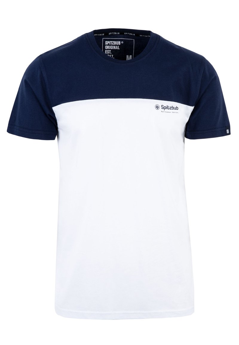 Marineblauwe en witte T-shirt met een effen kleurblokontwerp, ronde hals en klein logo op de borst. Gemaakt van zachte katoenstof, met korte mouwen.