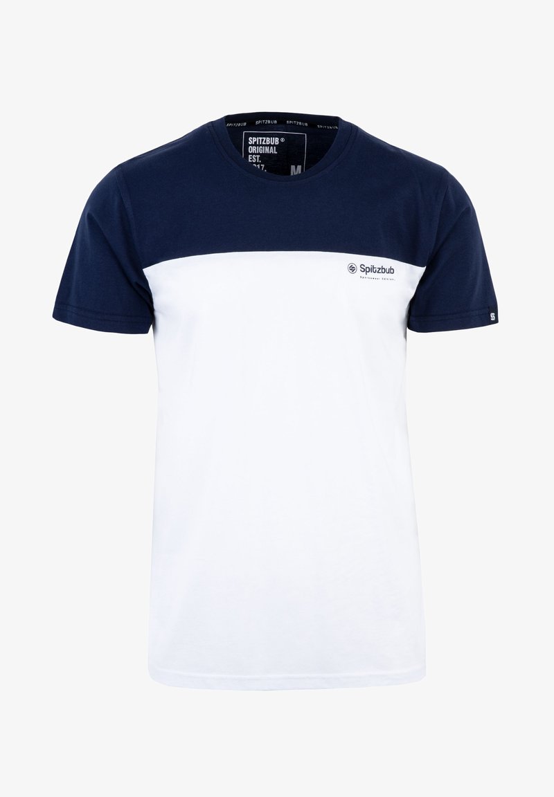 Marineblauwe en witte T-shirt met een effen kleurblokontwerp, ronde hals en klein logo op de borst. Gemaakt van zachte katoenstof, met korte mouwen.