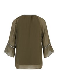 Blusa verde oliva con una vestibilità ampia, tessuto trasparente, scollatura rotonda e maniche svasate con un bordo argentato lungo i polsini.