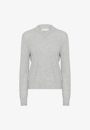 Pulover z V-izrezom in dolgimi rokavi v svetlo sivi barvi, izdelan iz mehke tkanine z gladko teksturo in prilegajočim dizajnom, ki ima rebraste manšete in obod.
