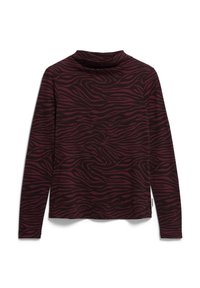 Langärmliges burgunderfarbenes Oberteil mit schwarzen Zebrastreifen und hohem Kragen, flach auf einem weißen Hintergrund ausgelegt.