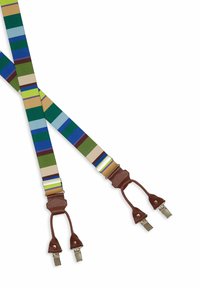 Bretelle regolabili con un tessuto a righe multicolori in diverse sfumature di blu, verde, marrone e beige, con dettagli in pelle marrone.