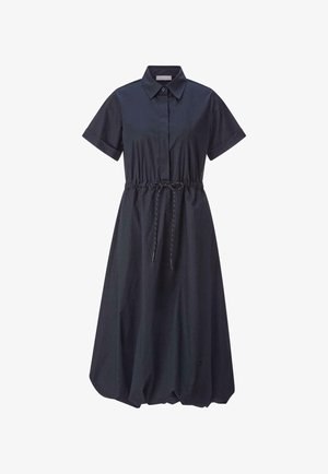 Jūras kara flotes zila midi kleita ar īsām piedurknēm, pogu aizdari, regulējamu jostu un vaļīgu siluetu. Gluda tekstūra.