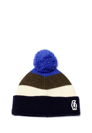 Berretto di maglia con strisce blu, verdi e crema, rifinito con un pom-pom blu. Presenta un risvolto blu navy con logo di pinguino bianco.