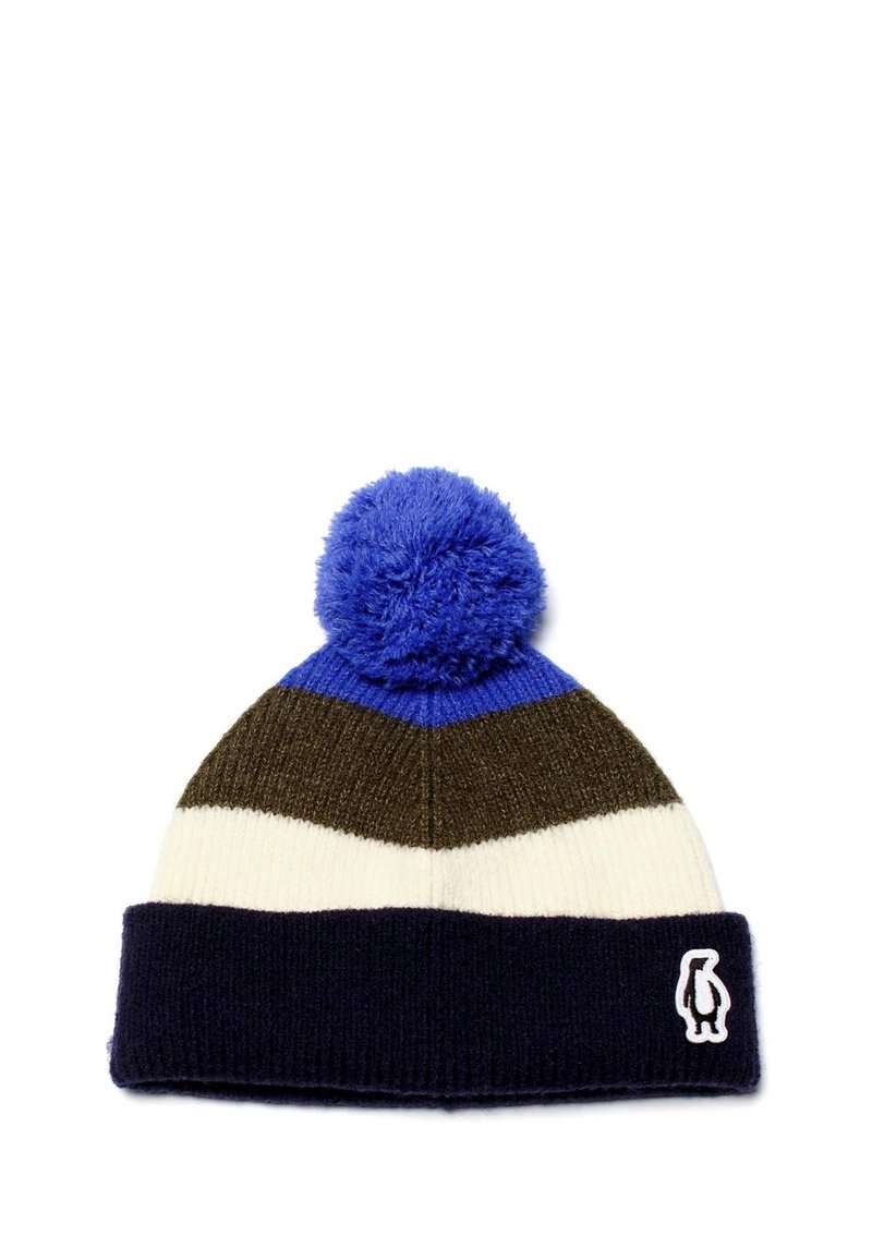 Berretto di maglia con strisce blu, verdi e crema, rifinito con un pom-pom blu. Presenta un risvolto blu navy con logo di pinguino bianco.