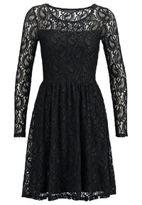 Robe en dentelle noire à manches longues, corsage ajusté et jupe évasée avec un motif floral et cachemire.