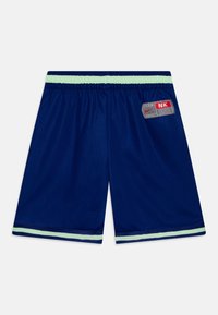 Pantalones cortos deportivos de color azul marino hechos de poliéster, con una cinturilla elástica con acentos en verde claro y una etiqueta de marca cosida en el lado.