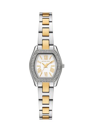 Silberne und goldene Metallarmbanduhr mit diamantbesetzter Lünette, weißem Zifferblatt, goldenen römischen Ziffern und drei goldenen Zeigern.
