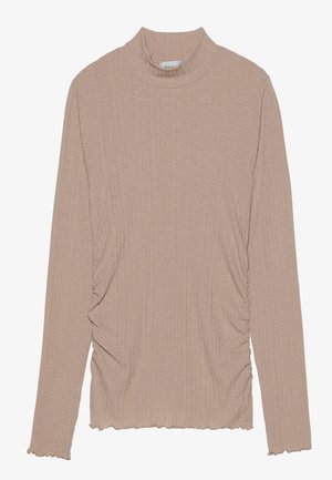 Maglietta a maniche lunghe beige chiaro con collo alto, texture a costine, dettagli arricciati sui lati e orlo ondulato.