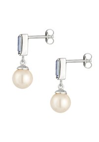 Söljearmband med en rektangulär blå ädelsten högst upp och en rund, krämfärgad pärla hängande nedanför, som visar upp släta texturer och polerade ytor.