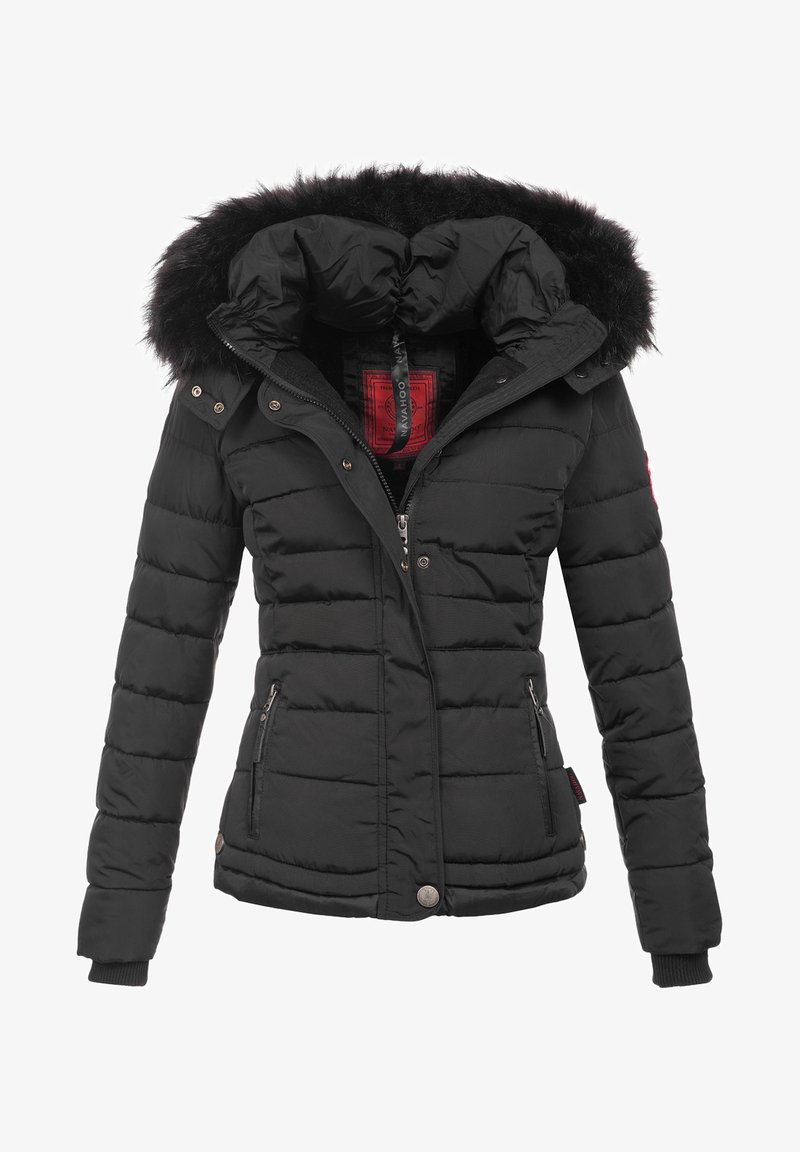 Black insulated puffer jacket with a faux fur-lined hood, zip closure, two side pockets, and quilted design features.