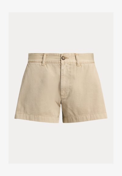 Beige cotton shorts with a straight cut, button fastening, and two front pockets. Smooth texture and turned-up hem detail.
