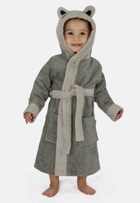 Grau Terry-Bademantel mit Kapuze und Bärenohren, einer kontrastierenden beigen Blende, vorderen Taschen und einem abnehmbaren Gürtel. Weiche Textur.