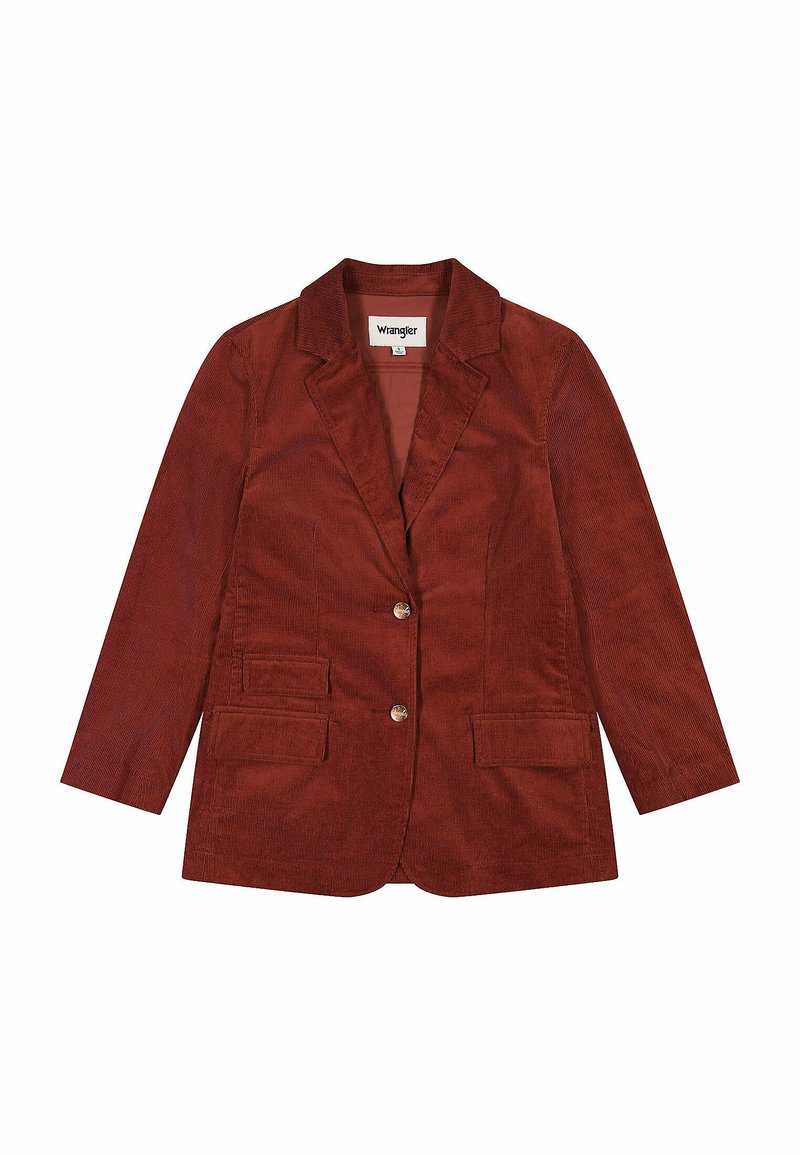 Bruine corduroy blazer met een notch-revers, twee voorkwaggen en een enkele knoopsluiting. De textuur van de stof voegt diepte toe aan het ontwerp.