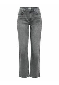 Jeans grigi a gamba dritta realizzati in denim, con vita alta, design a cinque tasche e una leggera sfumatura per una texture interessante.