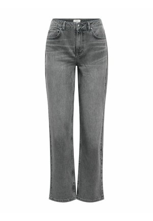 Jean droit gris en denim, avec taille haute, conception à cinq poches et dégradé subtil pour une texture.
