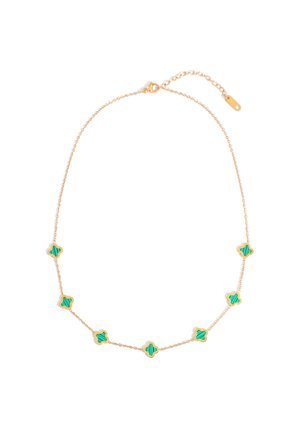 Gold chain necklace with seven small green clover-shaped charms evenly spaced along the chain, displayed on a white background.