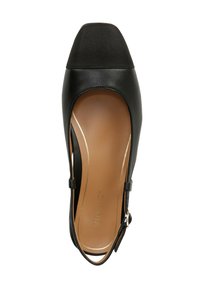 Black leather pump with a rounded toe, featuring a ribbed black cap toe, an open side design, and a gold-accented interior.