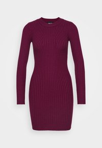 Abito bodycon a maniche lunghe e coste, di colore prugna scuro, con scollo rotondo e silhouette aderente.