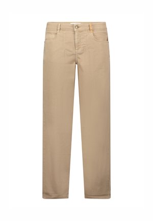 Pantalon beige à jambes droites avec passants pour ceinture, fermeture avant par bouton et zip, et poches avant, présenté sur fond blanc.