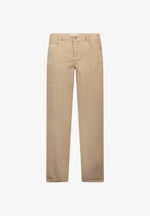 Beige recht gesneden broek met riemlussen, knoop- en ritsluiting aan de voorkant, en steekzakken, afgebeeld tegen een witte achtergrond.