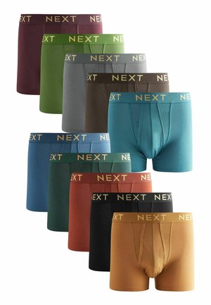 Men's boxer briefs in multiple colors: burgundy, green, gray, brown, teal, dark green, rust, black, and mustard. Each features a "NEXT" logo waistband.