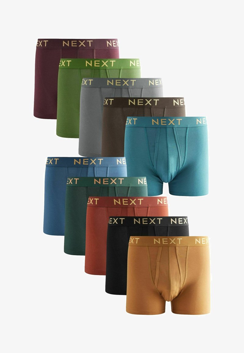 Boxers pour homme disponibles en plusieurs couleurs : bourgogne, vert, gris, marron, sarcelle, vert foncé, rouille, noir et moutarde. Chaque modèle arbore une ceinture avec le logo "NEXT".