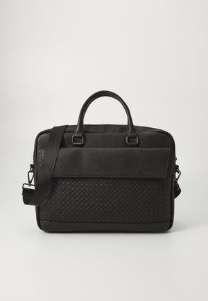 Black laptop bag made of smooth and textured leather, featuring a woven pattern, two handles, and an adjustable shoulder strap.