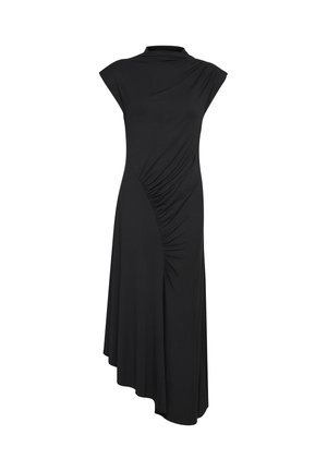 Juoda suknelė su aukštu dekoltė, trumpomis rankovėmis ir asimetriniu apvadu. Pabrėžia surinkto audinio detalę šone, pagaminta iš lygaus medžiagos.