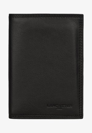Black leather wallet with a smooth texture, featuring stitched edges and debossed "LANCASTER" logo at the bottom. Compact rectangular design.