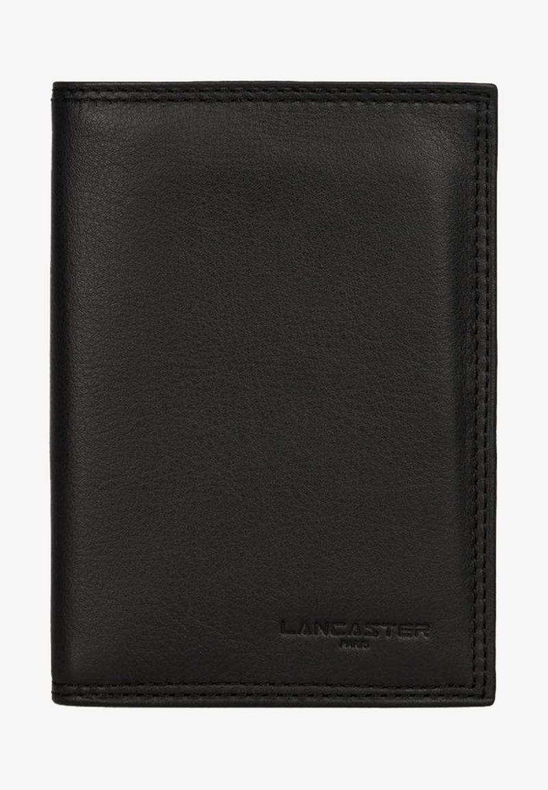 Black leather wallet with a smooth texture, featuring stitched edges and debossed "LANCASTER" logo at the bottom. Compact rectangular design.