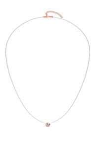 Collana d'argento con una catena sottile, caratterizzata da un piccolo pendente rotondo con una pietra trasparente incastonata in un accento di oro rosa. Lunghezza regolabile.