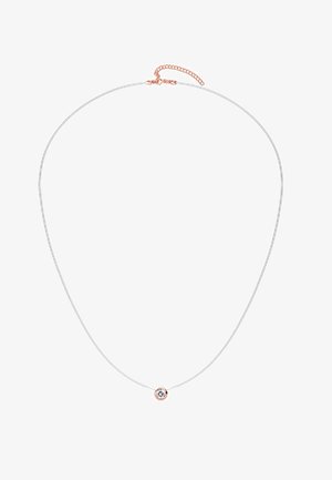 Collier en argent avec une chaîne fine, présentant un petit pendentif rond avec une pierre transparente sertie d'un accent en or rose. Longueur ajustable.