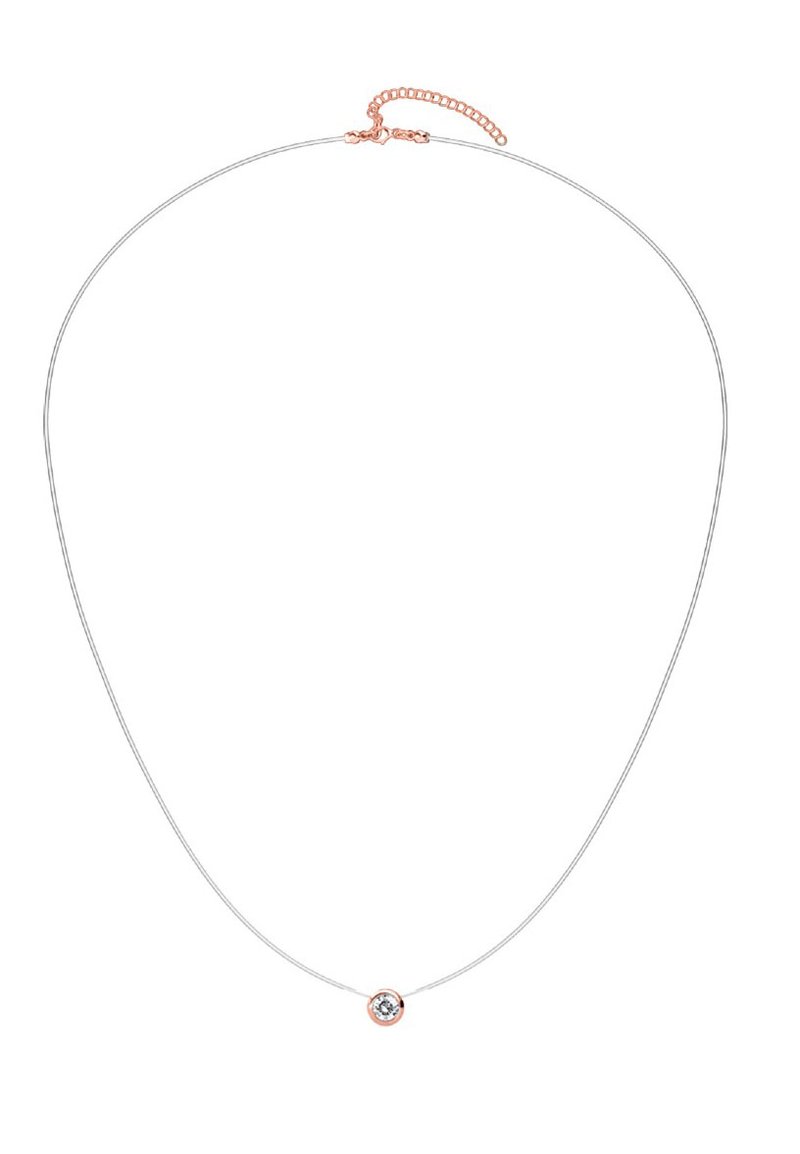 Collana d'argento con una catena sottile, caratterizzata da un piccolo pendente rotondo con una pietra trasparente incastonata in un accento di oro rosa. Lunghezza regolabile.