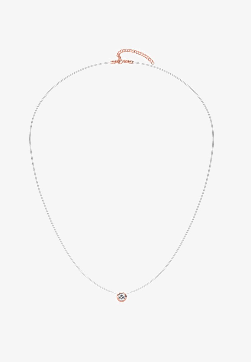 Zilveren ketting met een fijne schakel, met een kleine ronde hanger met een heldere steen, gezet in een roségouden accent. Verstelbare lengte.