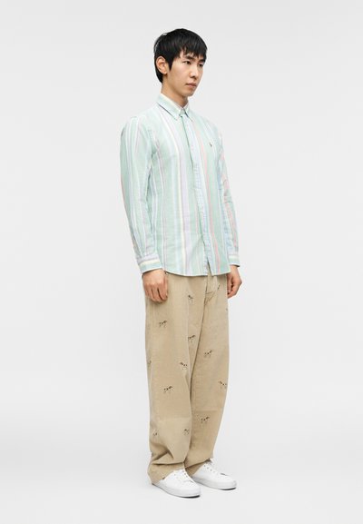 Πουκάμισο μακρυμάνικο με λεπτές ρίγες ανοιχτού πράσινου και λευκού, με γιακά που κλείνει με κουμπιά, συνδυασμένο με μπεζ παντελόνι διακοσμημένο με μικρή κεντημένη σκυλίτσα. Λευκά αθλητικά παπούτσια.